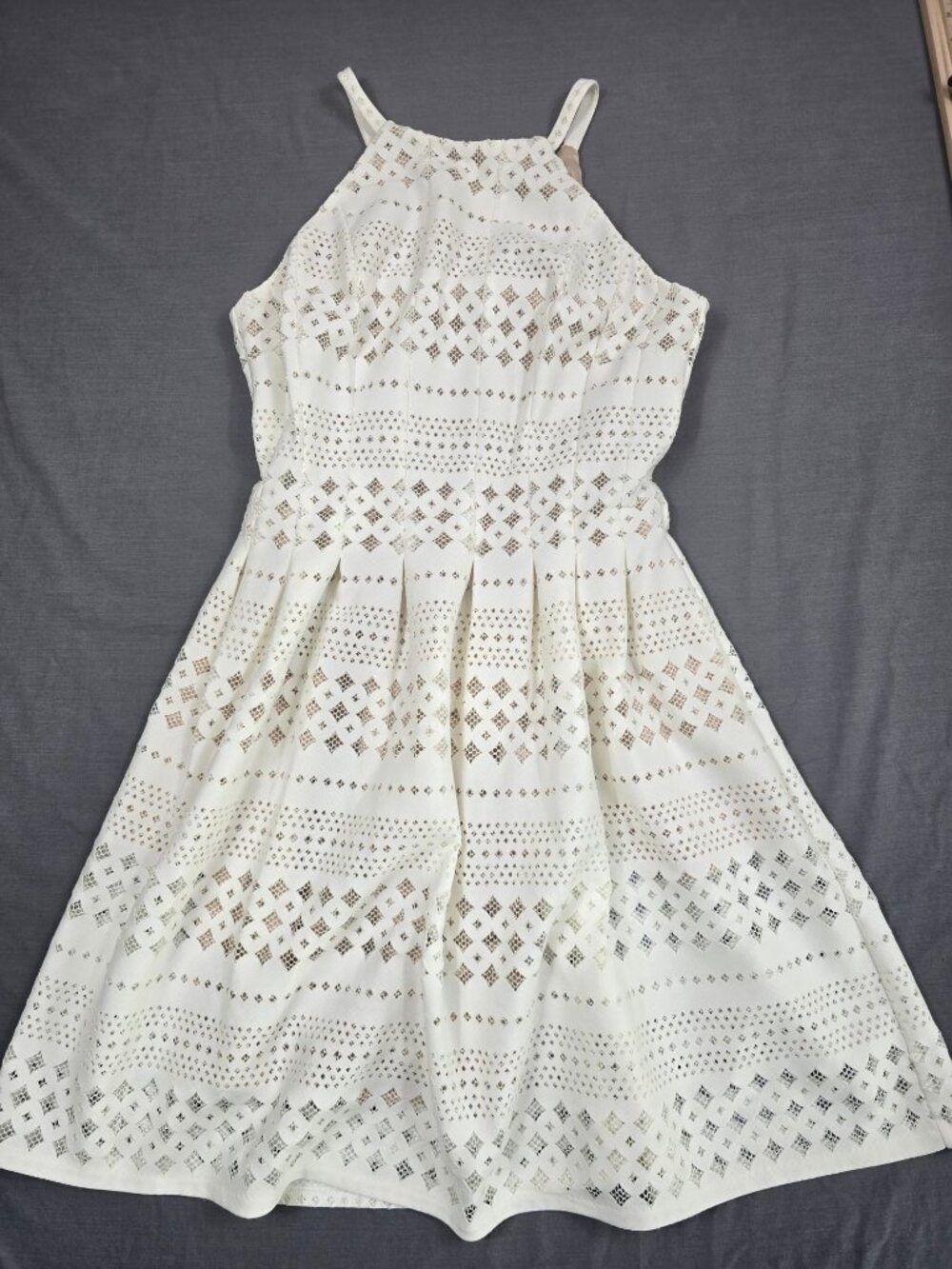 Eliza J White Sleeveless A-Line Dress With Geometric Cutout Pattern Size 6
